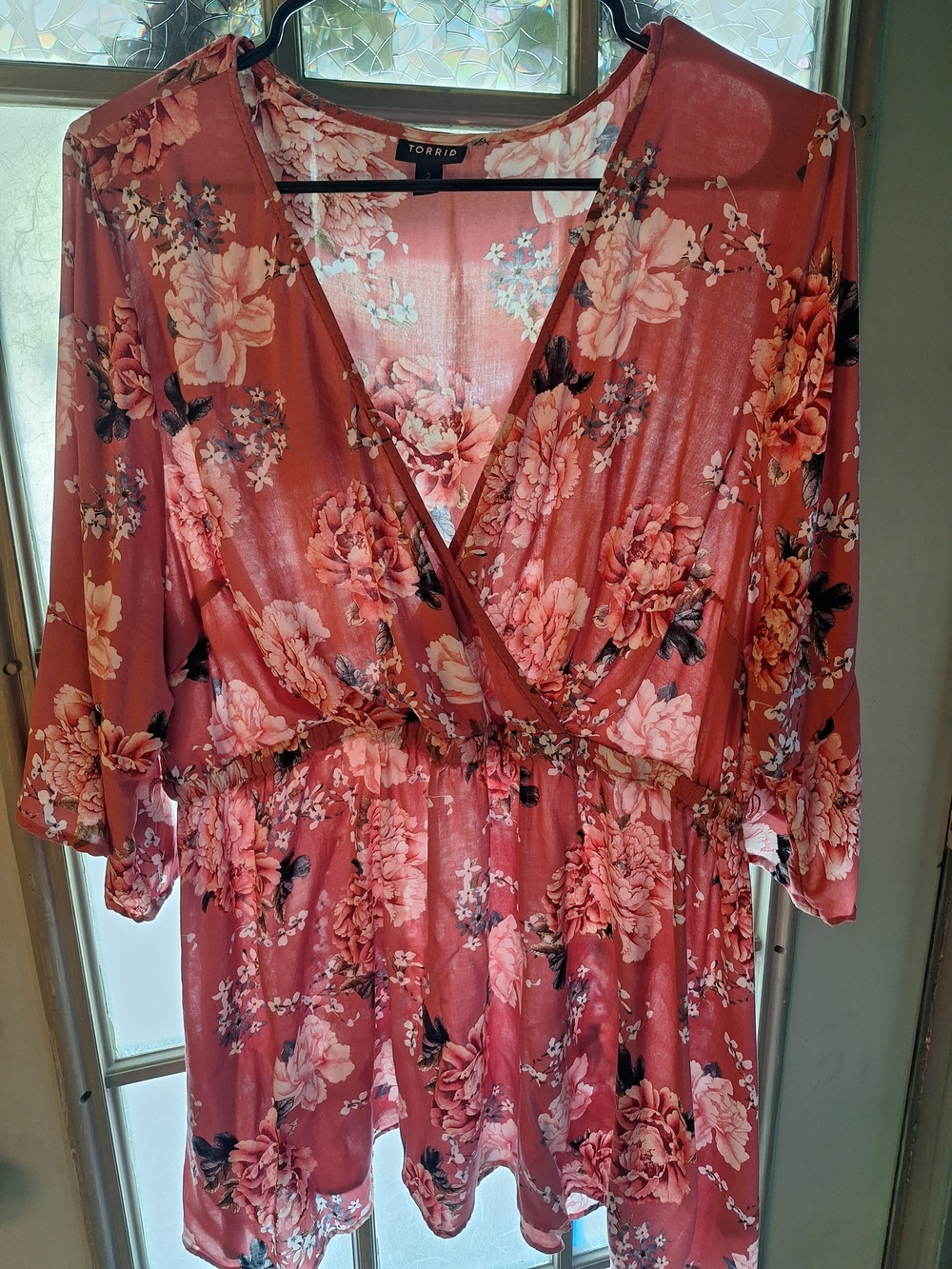Torrid Plus Size Floral Surplice Faux Wrap Peplum Kimono Sleeve Blouse